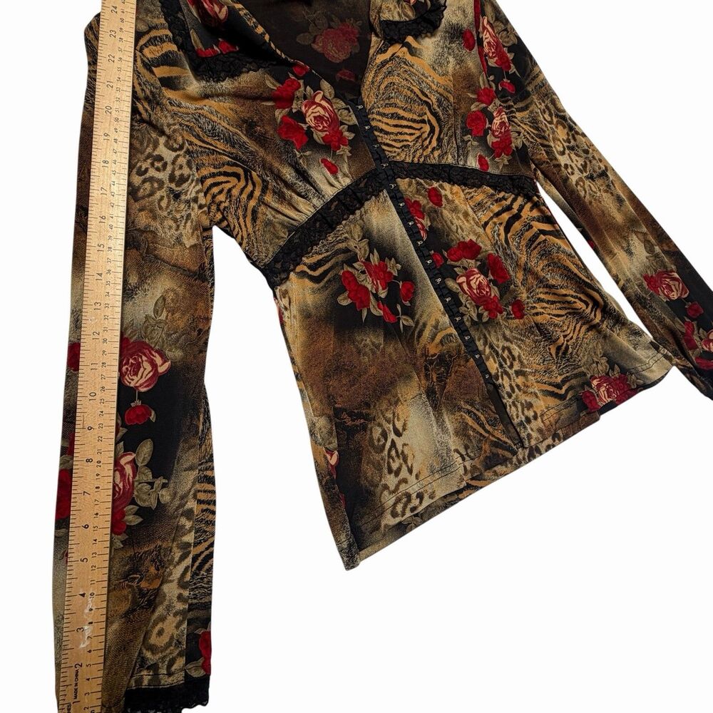 Y2K Midnight Velvet Animal Print Floral Blouse Roses Lace Trim - Picture 8 of 9